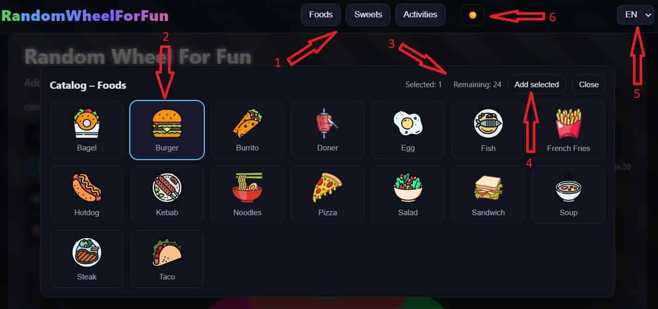 How to add icons to the wheel - open catalog, choose category, select icons, check remaining slots, then click Add selected