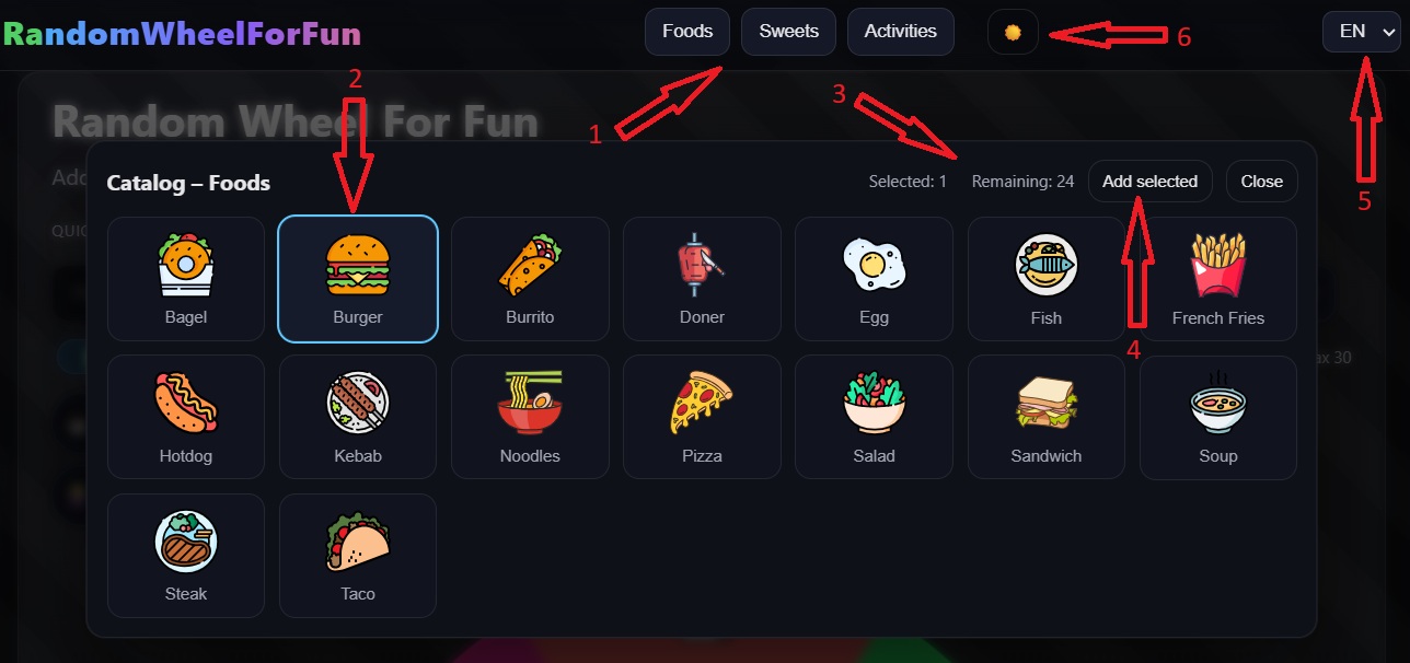How to add icons to the wheel – category tabs, icon selection, Selected and Remaining counters, Add selected button